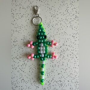 Green and Pink Pony Bead Lizard Bag Charm | Keychain | Retro 90s